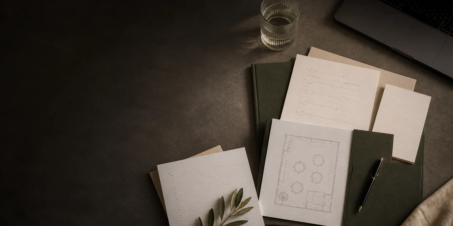 Wedding planning documents, a floor plan, and a forest-green planning folio arranged on a quiet work table
